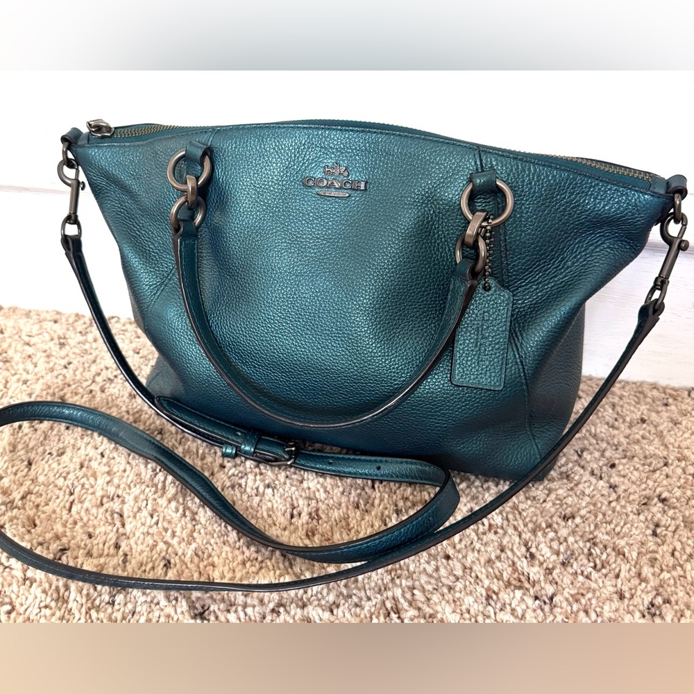 Coach Metallic Teal Pebble Leather 2 way Crossbody with Matching Wallet - Picture 4 of 14